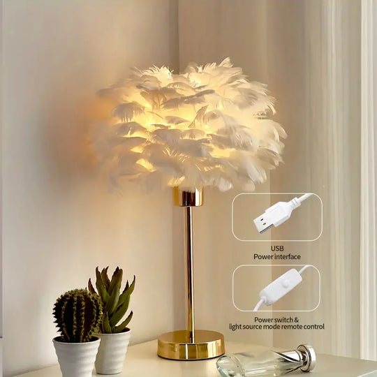 Elegante Witte Veer Tafellamp met Gouden Minimalistisch Design